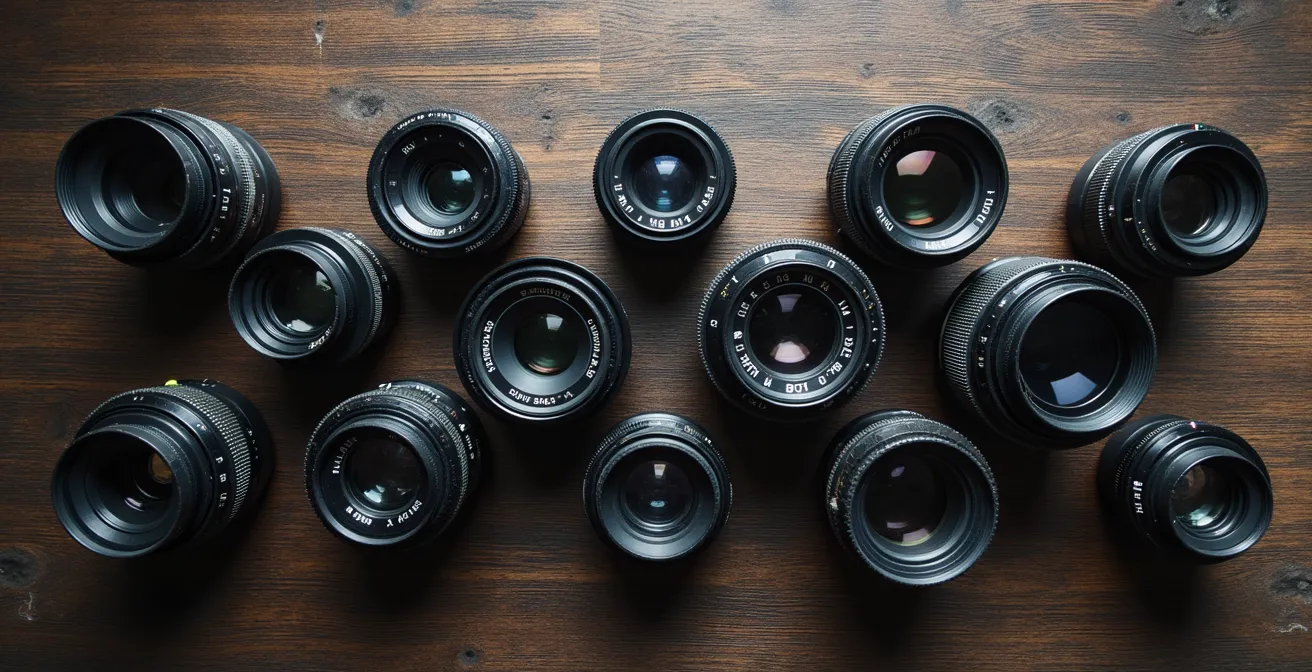 Collection d'objectifs vintage disposés artistiquement avec jeux de lumière